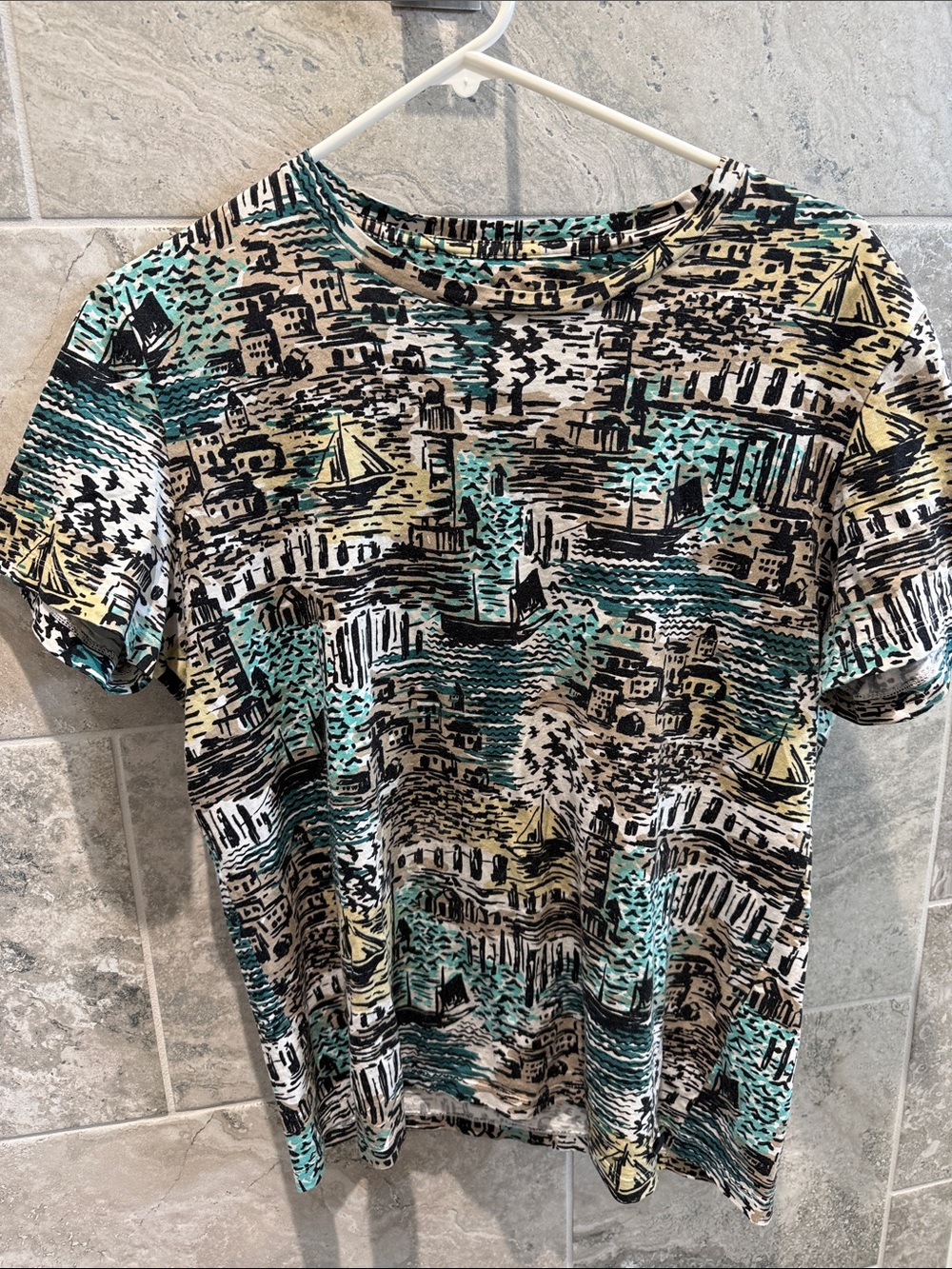Burberry Short-Sleeve Crew Neck Shirt in Teal, Black & Cream